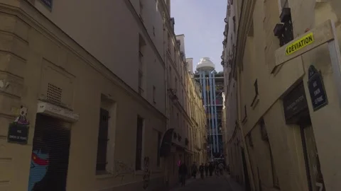 Narrow Rue Simon Le Franc with Centre Pompidou in background, Paris, pedestrian Stock Footage 306139587
