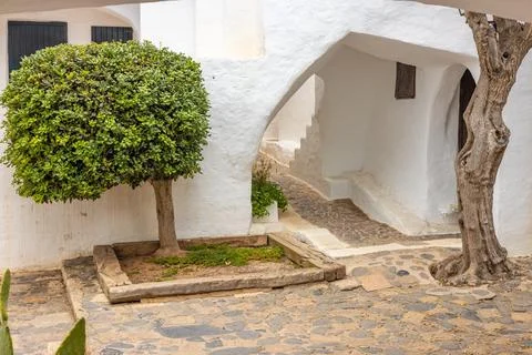 A narrow stone path between the white walls of the building Foto stock