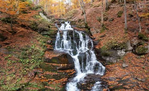 Narrow stream falling down mountain slope in autumn forest Fotos de archivo