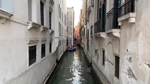 Narrow Venice Canal View From Small Bridge With Boats Stock Footage 334558415