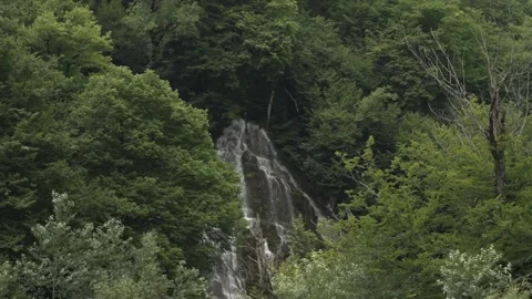 A narrow waterfall descends through dense green forest in Azerbaijan in soft Stock Footage 345259053
