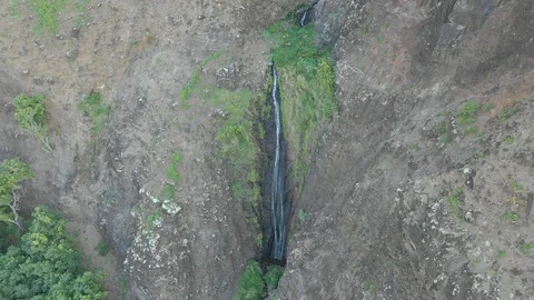 Narrow waterfall threading a rocky ravine on Kauai Видео 96046392