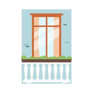Narrow window on brick wall with plants on balcony railing with columns Ilustración de archivo