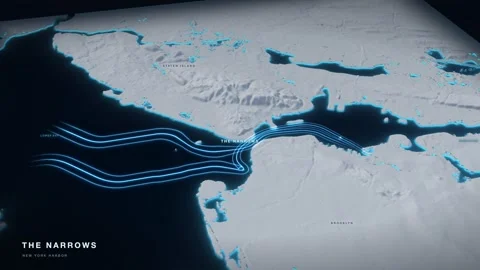 The Narrows 3D White Terrain Relief Map With Glowing Shipping Route Stock Footage 344020020