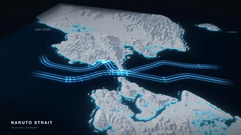 Naruto Strait 3D White Terrain Relief Map With Glowing Shipping Route Stock Footage 343540075
