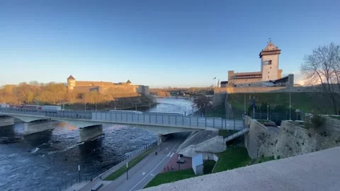 Narva and Ivangorod border between Estonia and Russia checkpoint Stock Footage 194011743