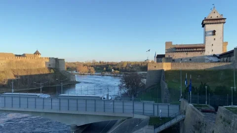Narva City and border checkpoint bridge Stock Footage 194010732