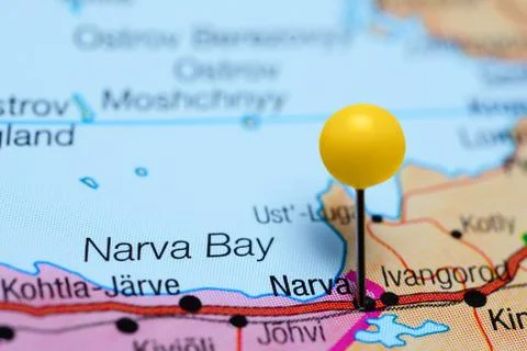 Narva pinned on a map of Estonia Stock Photos