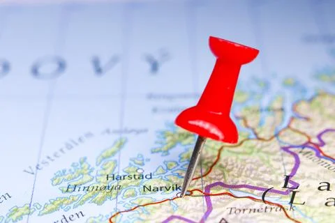 Narvik, Norway pinned on map Stock Photos