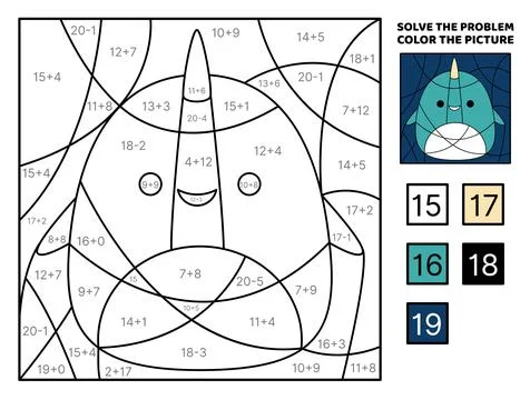 Narwhal. Solve the problem, color the picture. Addition Subtraction Coloring Stock Illustration