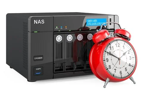 NAS network-attached storage with alarm clock, 3D rendering Stock Illustration