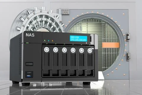 NAS with opened bank vault, 3D rendering Ilustración de archivo