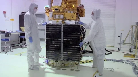 NASA engineers work on deep space solar array in a highly controlled clean room 스톡 동영상 74837446