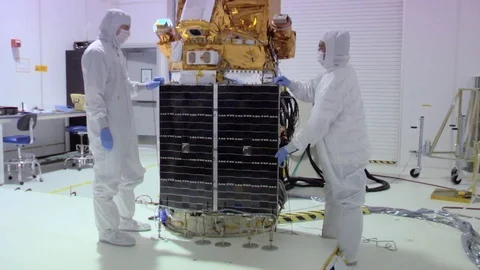 NASA engineers work on deep space solar array in a highly controlled clean room 스톡 동영상 123366756