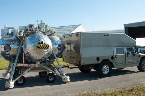 NASA s Project Morpheus prototype lander is being transported from a hanga... Stock Photos