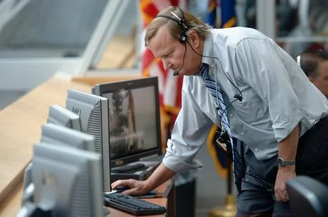 NASA Shuttle Launch Director Michael Leinbach monitors the launch Stock Photos