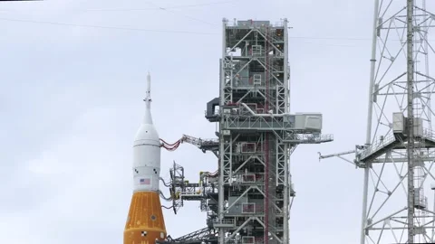 NASA Space Launch System (SLS) rocket, with Orion astronaut spacecraft, on Stock Footage 235674947