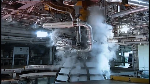 NASA testing the RS 25 Hot Fire engine at the Stennis Space Center, 2016 Video stock 146457435