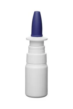 Nasal spray plastic bottle with blue cap isolated on white background Stock Photos