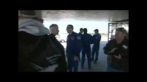 NASA's Atlantis astronauts interacting after successful space shuttle landing 스톡 동영상 283460638