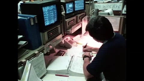 NASA's mission control team at work during the launch of Voyager 2 into space Stock Footage 282966279