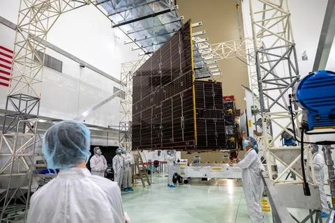 NASA's Psyche Solar Array Stowed for Launch. Team members begin to retract .. Stock-Fotos