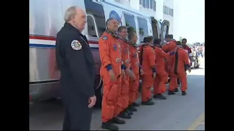 NASA's Space Shuttle Atlantis STS-125 astronauts posing for media by astrovan Stock Footage 283460482