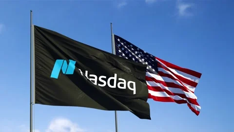 Nasdaq and US flags are fluttering in the wind Stock Footage 169351825