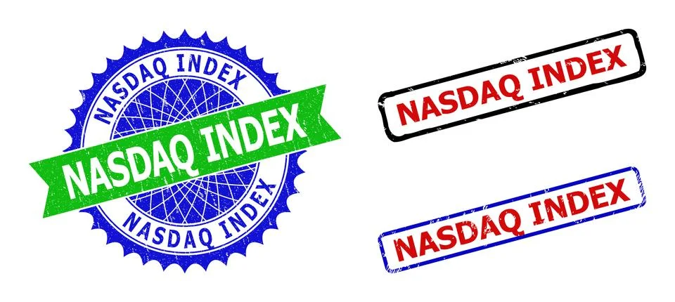 NASDAQ INDEX Rosette and Rectangle Bicolor Watermarks with Distress Textures Stock Illustration