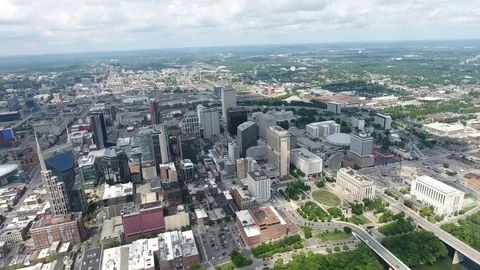 Nashville Tennessee skyline aerial drone angled Stock Footage