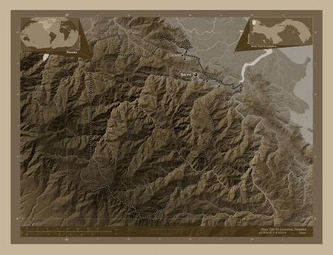 Naso Tjer Di Comarca, Panama. Sepia. Labelled points of cities Stock Illustration