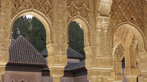 Nasrid Palace Arches and Rooftops at Alhambra in Granada Spain Stock Footage 335942504