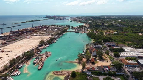 Nassau, Bahamas: Aerial view of capital waterfront and harbour - Caribbean Stock Footage 340411053