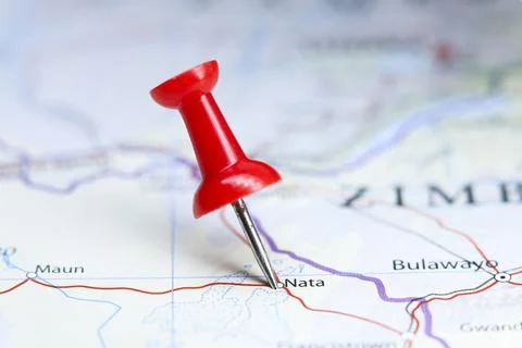 Nata, Botswana pin on map Stock Photos