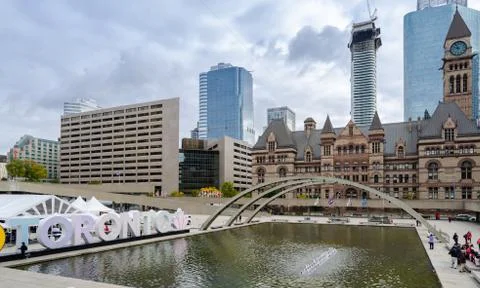 Nathan Phillips Square and Old City Hall in Toronto, Canada Stock Photos
