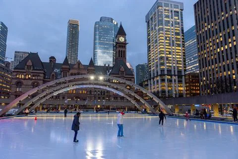 Nathan Phillips Square ice skating in Toronto Stock Photos