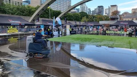 Nathan Phillips Square reflection during marathon Stock Photos