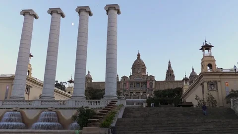 National Art Museum Museu Nacional De Catalunya At Sunset Stock Footage