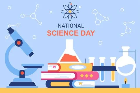 National Day Science poster. Microscope, stack of books and test tube with Stock Illustration