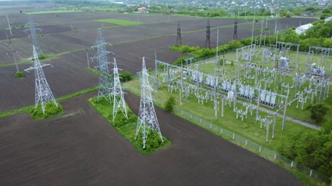 National electricity network infrastructure featuring high-voltage transmission Stock Footage 312743036