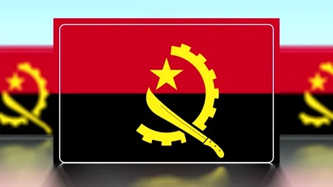 National flag of Angola featuring a horizontal red and black pattern with a.. Vídeos de archivo 343647696