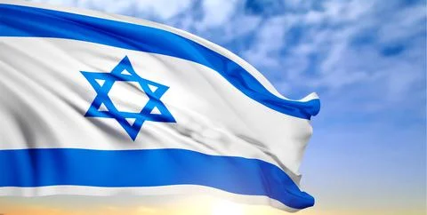 National flag of Israel on background of a sunset or sunrise Stock Illustration