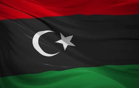 National flag of Libya featuring red, black, and green stripes with a white.. Stock Photos