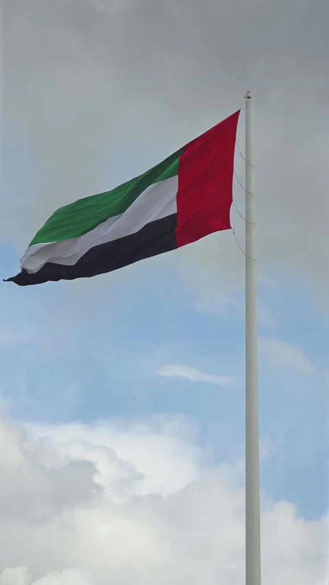 The national flag of the UAE seen against cloudy skies in Sharjah. 動画素材 332768790
