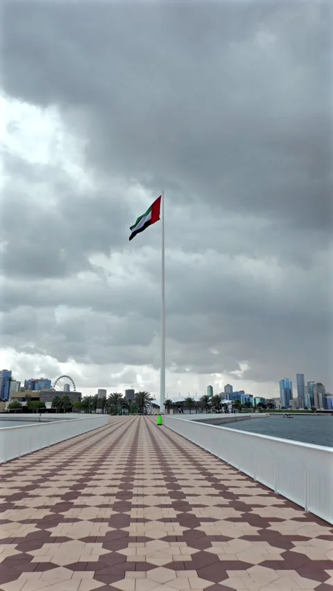 The national flag of the UAE seen against cloudy skies in Sharjah. 動画素材 332769968