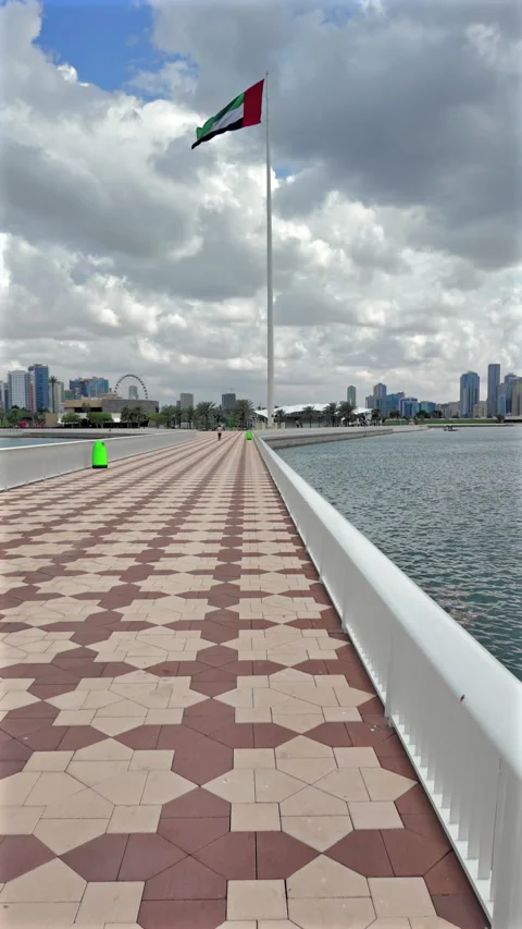 The national flag of the UAE waves over Sharjah during a cloudy day. 動画素材 332769706