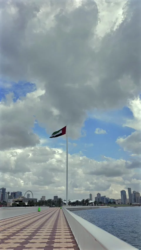 The national flag of the UAE waves over Sharjah during a cloudy day. 動画素材 332970189