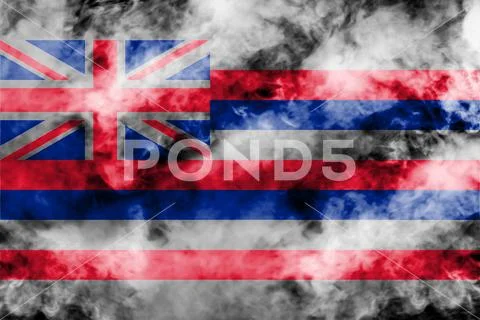 The national flag of the US state Hawaii in against a gray smoke on the day o Stock Photos