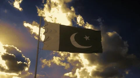 National flag waving against dramatic golden sunset clouds under blue sky Stock-Footage 346122544