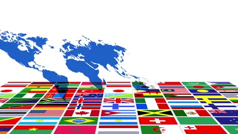 National Flags and the Perspective World Map Stock Footage 332457469